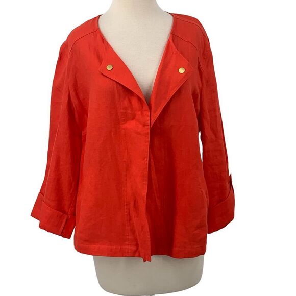 Chico's 3/4 Sleeve Open Front Linen Red Cardigan/Jacket Gold‎ Buttons Size 3 XL - Picture 1 of 8